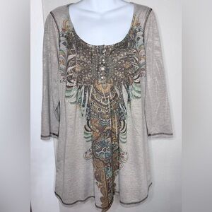 NWOT One World Brown Tan Paisley Detailed T-Shirt women XL